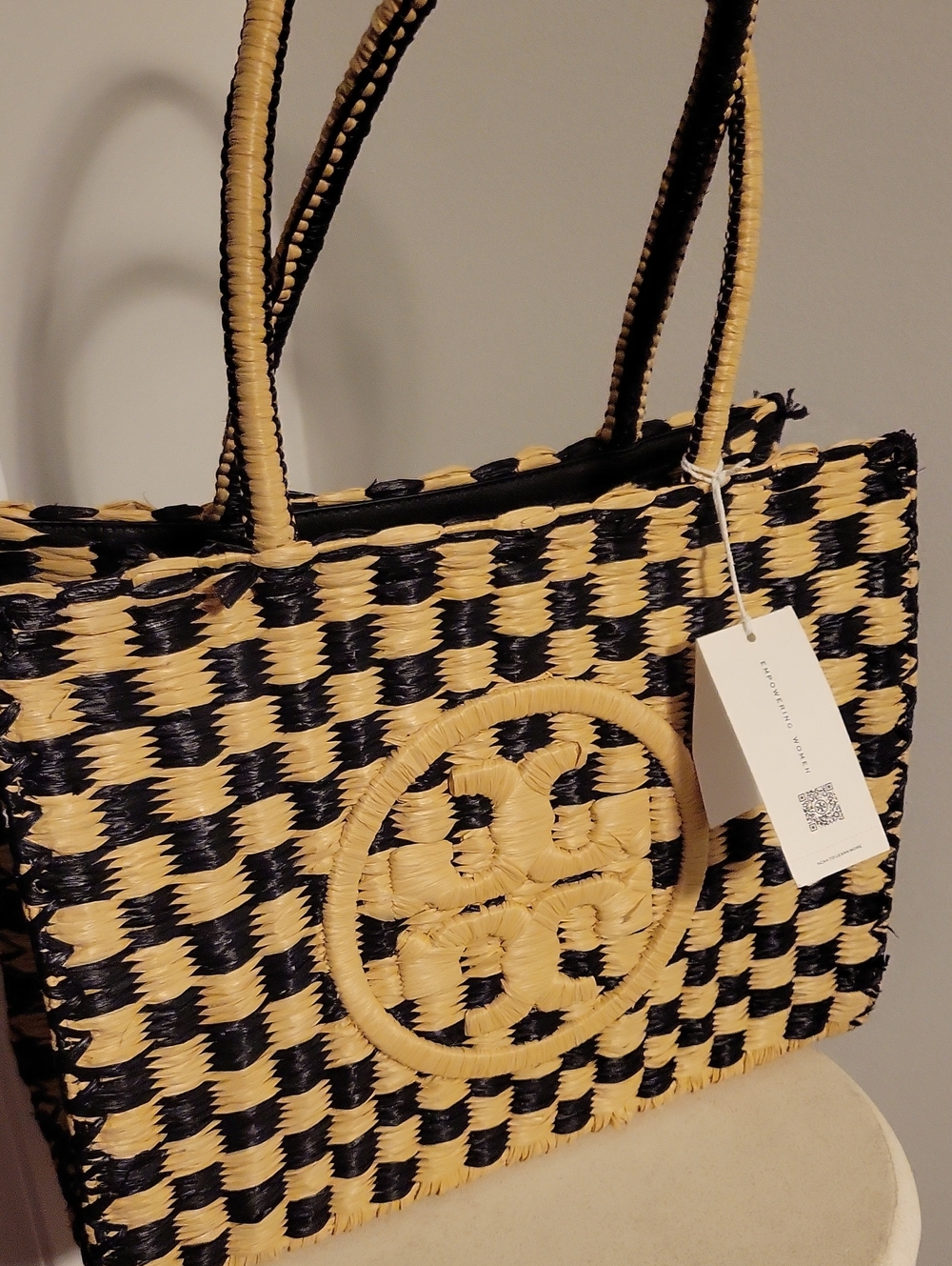 Tory Burch "Ella" Raffia Tote Bag in Black & Natural NWT - Picture 3 of 7